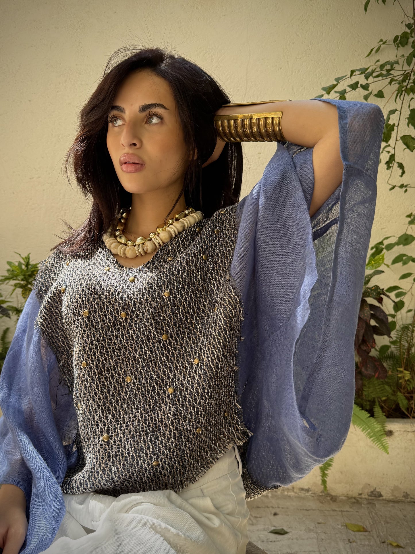Studded Woven Panel Top