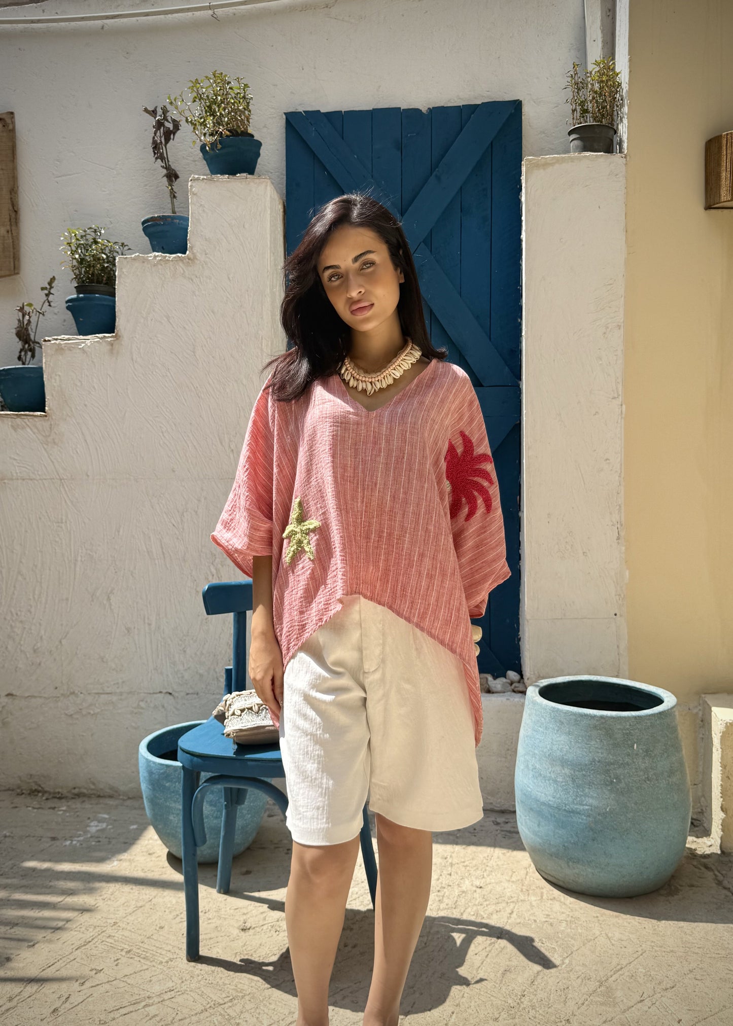 Coral Palm Embroidered Top