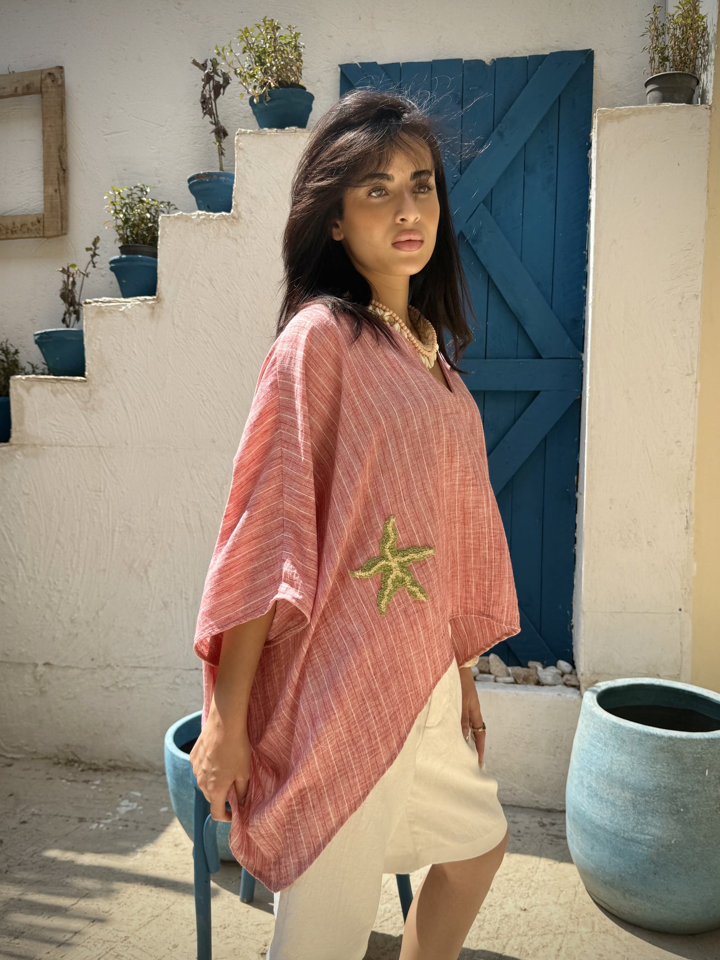 Coral Palm Embroidered Top